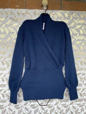 Souchi 100% Cashmere Teal Blue Hand Loomed Wrap Sweater P Petit Luxury Knit